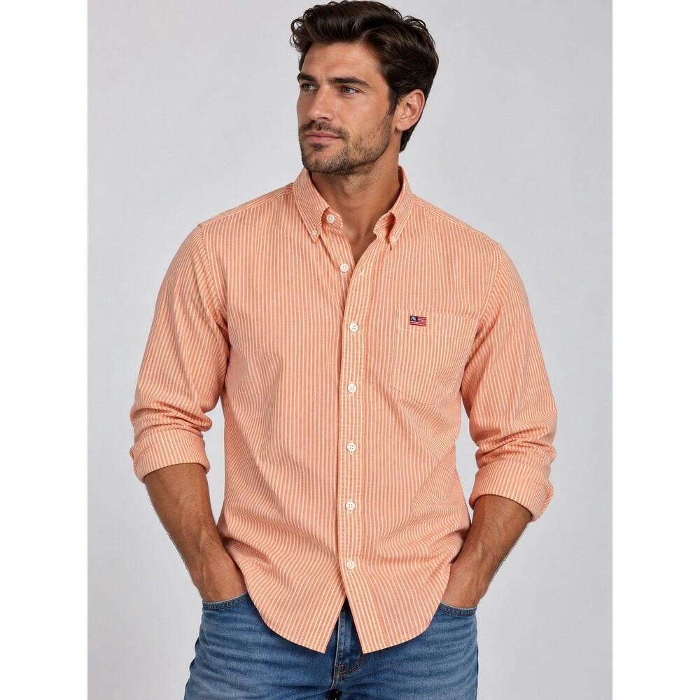 Polo Jeans Co Ralph Lauren Orange & White Stripped Long Sleeve Shirt Size Large